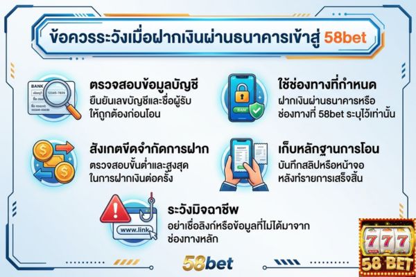 ข้อควรระวังเมื่อฝากเงินผ่านธนาคารเข้าสู่ 58bet
